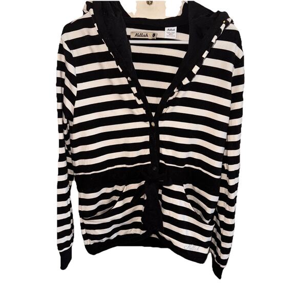 Killah Sixty Cotton Blend Knit Black White Striped Jacket Cardigan Hoodie Large - Picture 1 of 8
